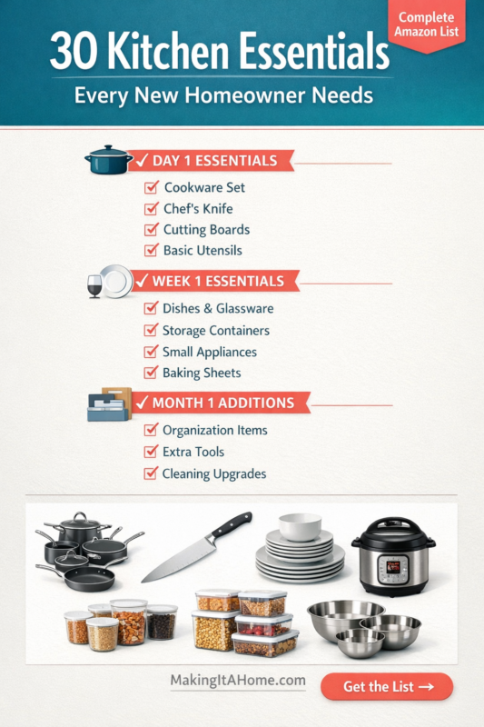 kitchen essentials for new homeowners pin